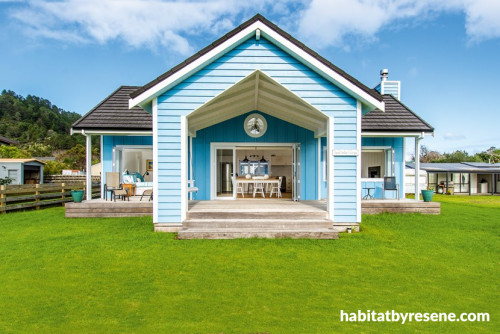 blue house, blue cottage, blue exterior, exterior inspiration, french pass, blue painted house