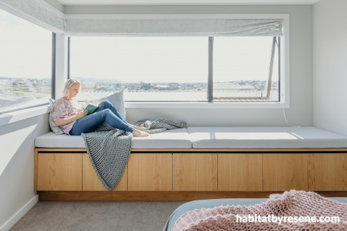 window seat, window seat inspiration, white window bay, scandi storage, Resene