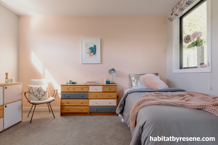 Blush bedroom, Pink and grey bedroom inspo, Soft palette bedroom, Resene