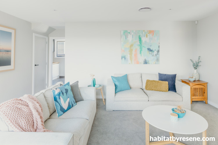 neutral lounge, neutral with a pop of blue, blue lounge inspo, white and grey lounge, Resene