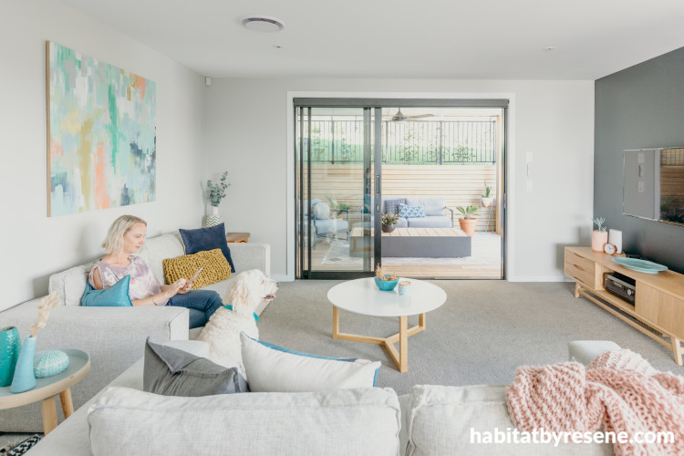 white living room, white lounge, white lounge with pops of blue, neutral lounge, Resene