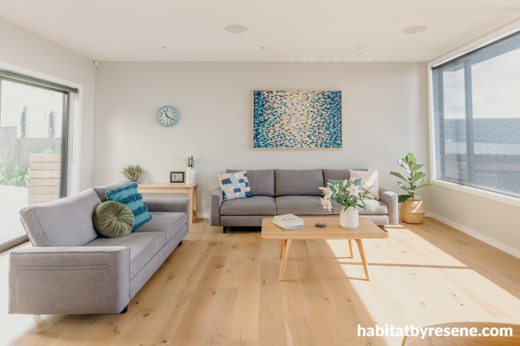 neutral living rooms, blue and grey living room, relaxing living room, Resene