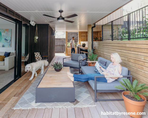 Black house exterior, wooden panels, wooden patio inspiration, undercover patio, Resene