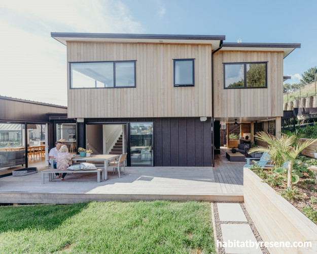 House exterior, black house exterior, black and wood exterior, vertical wood house exterior, Resene