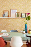 dining room, wallpaper feature wall, wallpaper dining room, yellow wallpaper, retro floral wallpaper