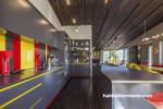 kitchen, board and batten ceiling, grey kitchen, yellow kitchen, red and yellow, colourful kitchen 