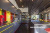 kitchen, board and batten ceiling, grey kitchen, yellow kitchen, red and yellow, colourful kitchen 