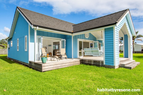blue house, blue exterior, blue cottage, outdoor living, deck, blue painted weatherboards