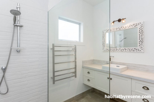 bathroom, white bathroom, brick bathroom tile, resene white pointer, cottage, white interior