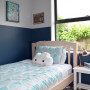 bedroom, kids bedroom, childrens bedroom, blue bedroom, blue feature wall, deep blue