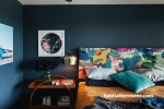 master bedroom, dark bedroom, dark interior, blue bedroom, blue interior, dark blue feature wall