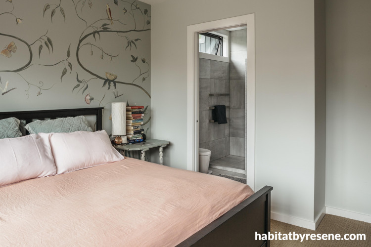 master bedroom, mural feature wall, blue bedroom, resene duck egg blue, pink and blue