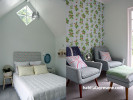 bedroom, snug, guest bedroom, green snug, green bedroom, wallpaper feature wall, pale green 