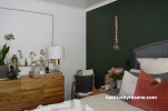 bedroom, green bedroom, green feature wall, resene black white, pendant light, resene seaweed