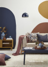 lounge, painted shapes, shapes feature wall, living room, mural feature wall, blue lounge