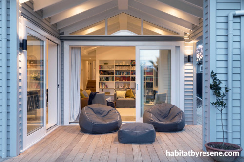 deck, outdoor living, house exterior, renovated bungalow, grey exterior, resene foggy grey