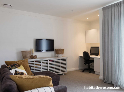 white study, white lounge, white sitting room, neutral lounge, resene half bianca