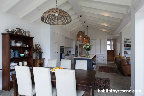 white dining room, open plan living, white kitchen, renovated bungalow, resene half bianca