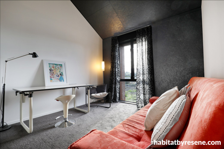 study nook, lounge, black and white study, black and white office, black feature wall, orange