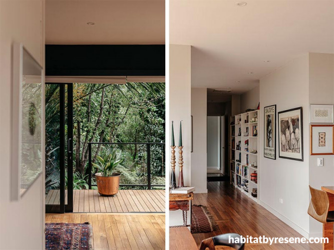 entranceway, hallway, indoor outdoor flow, beige interior, neutral interior, deck stain