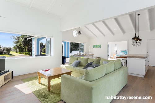 living area, white living area, white lounge, cottage, resene white pointer, high ceilings