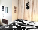 bedroom, kids bedroom, childrens bedroom, white bedroom, black and white bedroom, wood feature