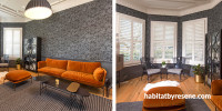 lounge, living room, wallpaper feature wall, grey wallpaper, grey and orange interior, grey lounge