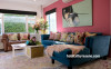 living room, lounge, pink lounge, pink feature wall, blue sofa, pink and blue, resene rouge 