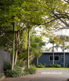 entrance, garden, tree lined entranced, grey house, grey exterior, blue house, blue exterior 