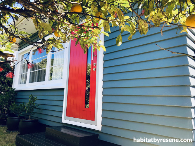 exterior cladding, weatherboard Inspo, red door, red door inspiration, White window frames, Resene