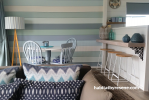 holiday house, feature wall, blue, living room, bach, beach house, stripe, stripes, paint ideas