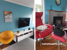 living room, lounge, blue lounge, blue living room, blue interior, blue feature wall, red chair