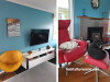 living room, lounge, blue lounge, blue living room, blue interior, blue feature wall, red chair