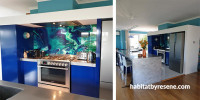 kitchen, blue kitchen, colourful kitchen, blue splashback, marbled splashback, bright kitchen