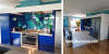 kitchen, blue kitchen, colourful kitchen, blue splashback, marbled splashback, bright kitchen