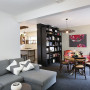 living room, lounge, dining room, black carpet, white paint, green feature wall, upcylcled bookshelf