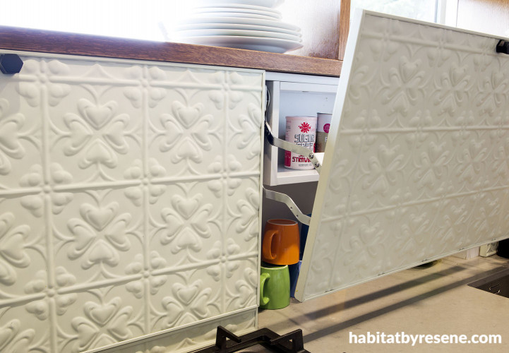 kitchen cupboards, painted pressed metal, upcycle