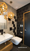 black and white bathroom, black paint, black door, bathroom inspiration 