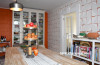 kitchen, orange kitchen, orange feature wall, geometric wallpaper, wallpaper feature wall