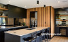 kitchen, wood feature wall, interior wood stain, black and white kitchen, cedar interior