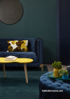 green lounge, green interior, green feature wall, resene atlas, blue sofa, yellow and green