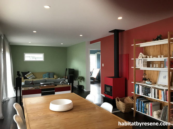 red dining room, open plan living, green living room, bookshelf inspiration, Resene