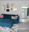 lounge, grey lounge, blue couch, mirror feature wall, blue sofa, eclectic, living room, interior  