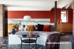 living room, kitchen, lounge, red lounge, red living room, colourful lounge 