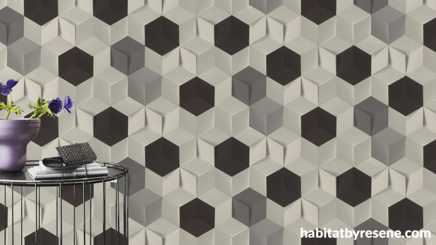 black and white wallpaper, monochrome wallpaper, black and white feature wall, geometric wallpaper