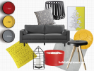 yellow paint, red paint, grey couch, red accessories, yellow accessories, grey paint 