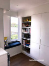 window seat, kitchen, kitchen window seat, white cabinetry, white kitchen, navy and blue 