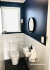 bathroom, blue bathroom, navy bathroom, navy and white, white bathroom tiles, navy feature