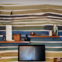 office nook, study, stripe wallpaper, feature wall, feature wallpaper, colourful study