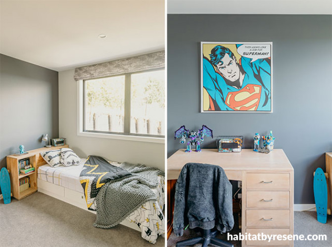 Kids bedroom, Grey childrens bedroom, superhero bedroom, Resene